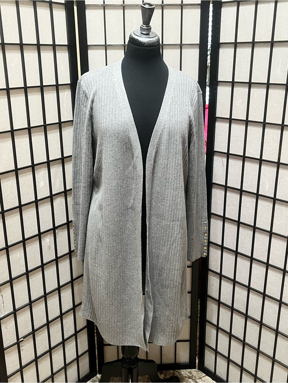 TALBOTS Light Gray Ribbed LONG LINE Open-Front Women's Sweater Cardigan SIZE L